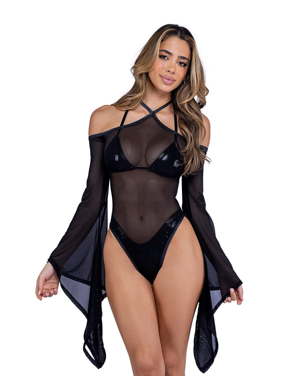 6497 - Sheer Mesh Romper with Bell Sleeves Small / Black