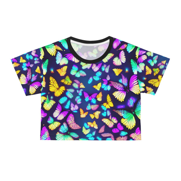 Glowing Butterfly Madness - Crop Tee (AOP) - Black stitching