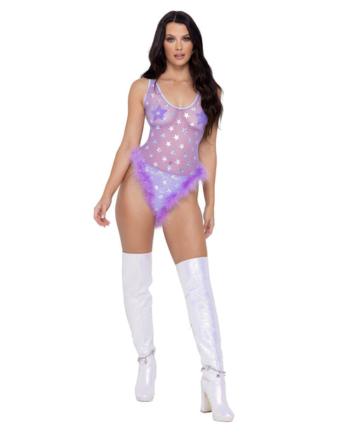 Sheer Stars Romper with Marabou Trim - Small /