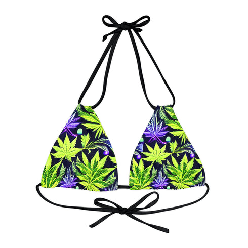 Green Leaf - Strappy Triangle Bikini Top (AOP) - XS / Black