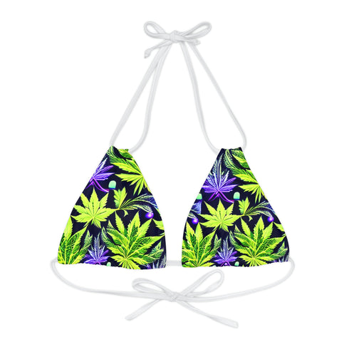 Green Leaf - Strappy Triangle Bikini Top (AOP) - XS / White