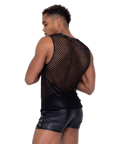 Mens Fishnet Tank Top with Stud Detail - EDM Outfit Mens