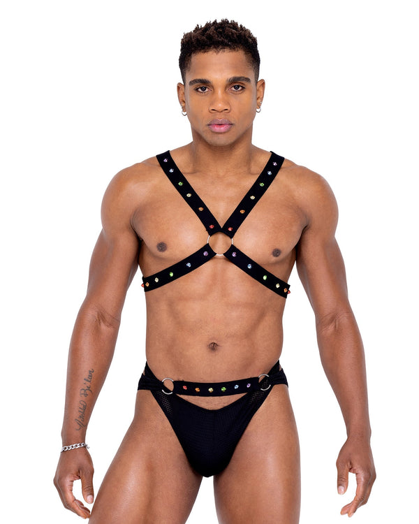 Mens Pride Criss-Cross Swim Briefs with Rainbow Studs -