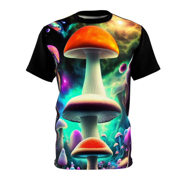 Mushroom Space - Mens Tshirt(AOP) - Black stitching / 4 oz.