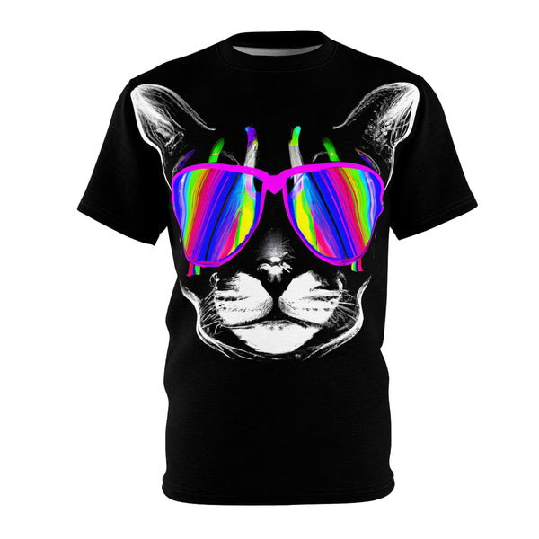 PsyCatz: A RainboW Trippy Cat Art Design - Black stitching /