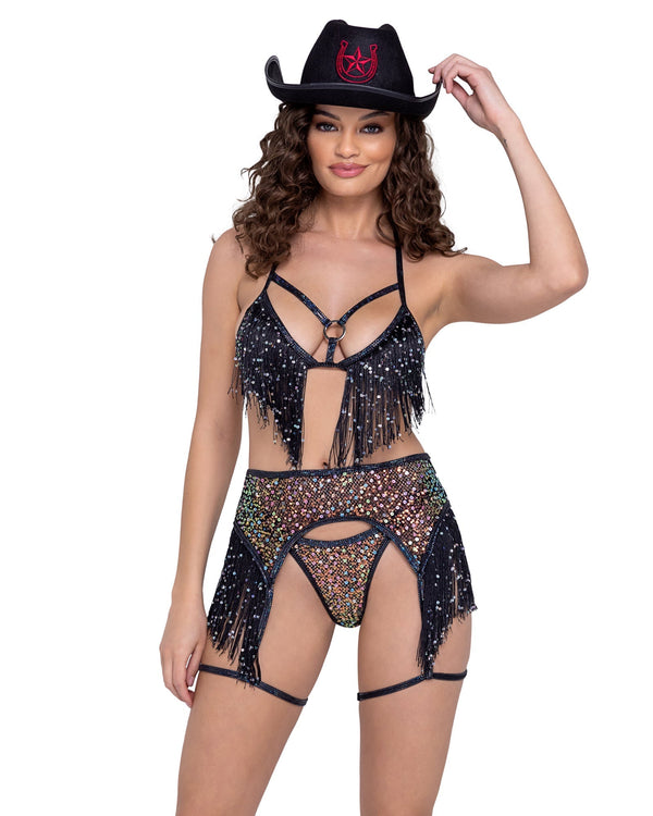 Sequin Fishnet Garter Belt with Sequin Fringe Detail &