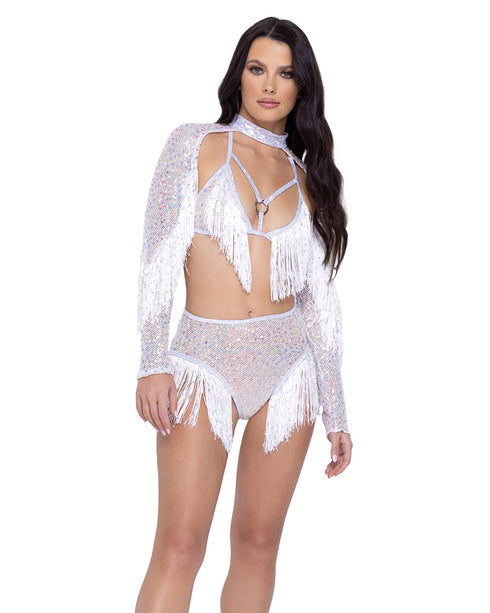 Sequin Fishnet Shrug with Sequin Fringe Detail - Accessory -